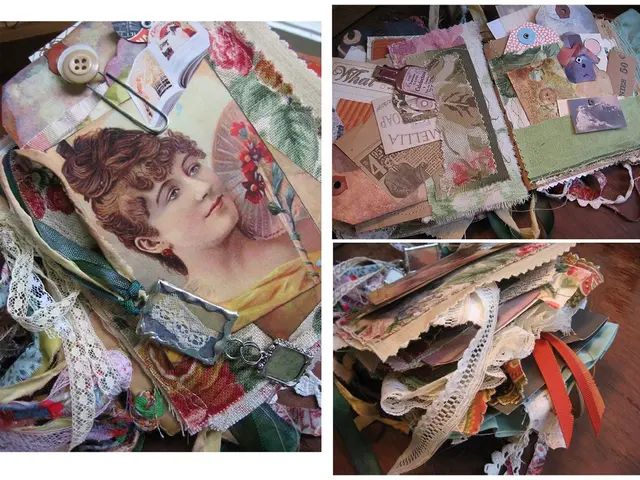 This is collage picture, in these pictures we can see ribbons, cards, photos and objects.