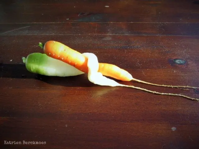 In this image, we can see a carrot and a radish on the table and at the bottom, there is some text.