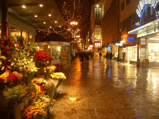 There are flower bouquets and this is road. Here we can see some persons on the road. There are...