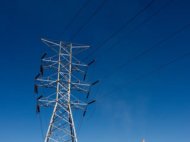 In this image we can see electric poles, electric cables, buildings, chimneys, trees and sky with...